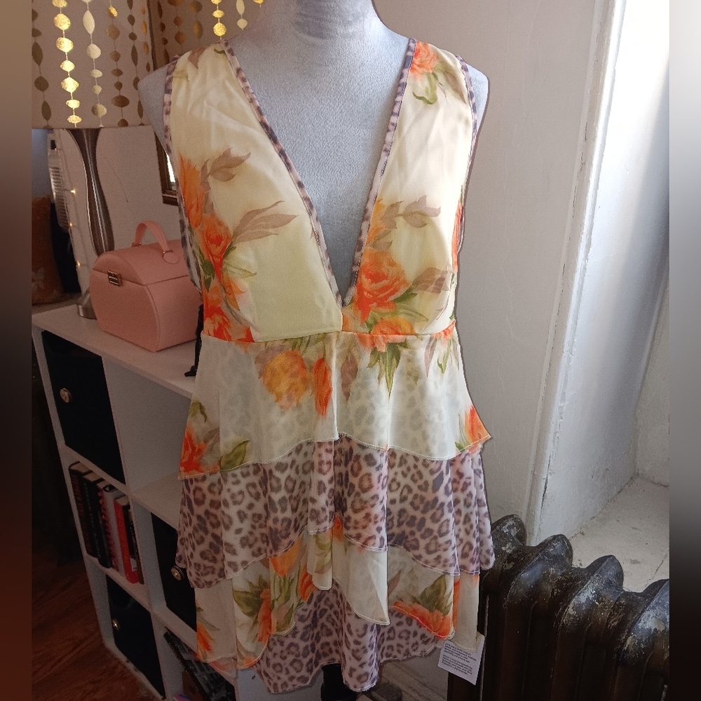 Floral and leopard deep v neck ragged hem dress
